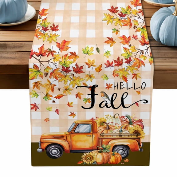 ERUNPONLY Orange Thanksgiving Table Runner - 72 Inch Long Fall Beige Plaid Truck Pumpkins Leaves Retro Cotton Linen Dress Scarves Farmhouse Table Runner for Kitchen Dining, Coffee Table, 14" x 72"
