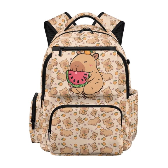 FKELYI Cartoon Capybara Orange Print Kids Backpack for Elementary Student 17 Inch Schoolbag Spacious Bookbag with Multi-Pockets Lightweight Casual Daypack Rucksack