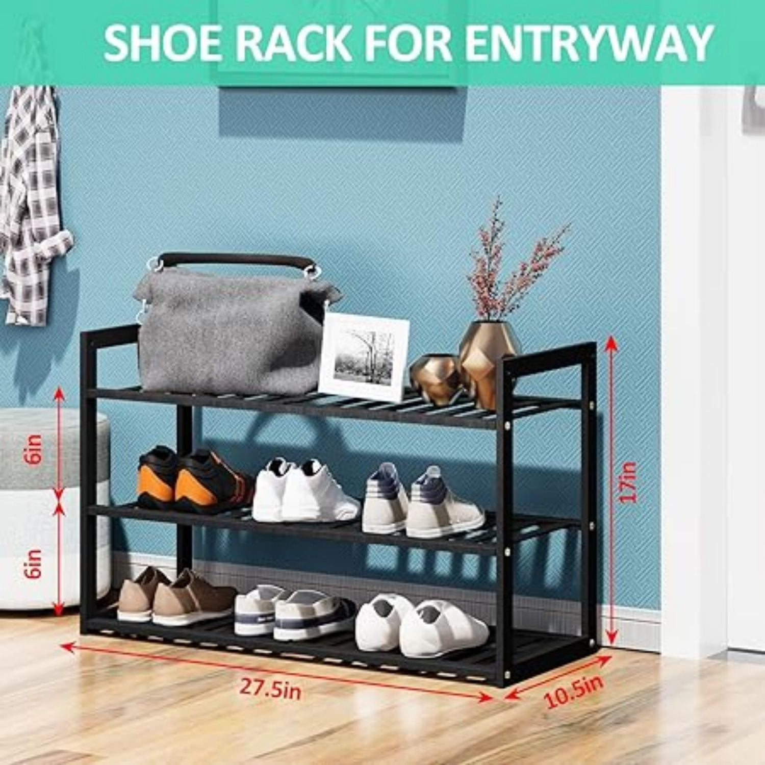 Bamboo Shoe Rack for Entryway Stackable 3 Tier Shoe Organizer Shelf Storage 9-12 Pairs Shoes Stand Cubby for Closet Door Hallway Bedroom Garage Black Thanksgiving