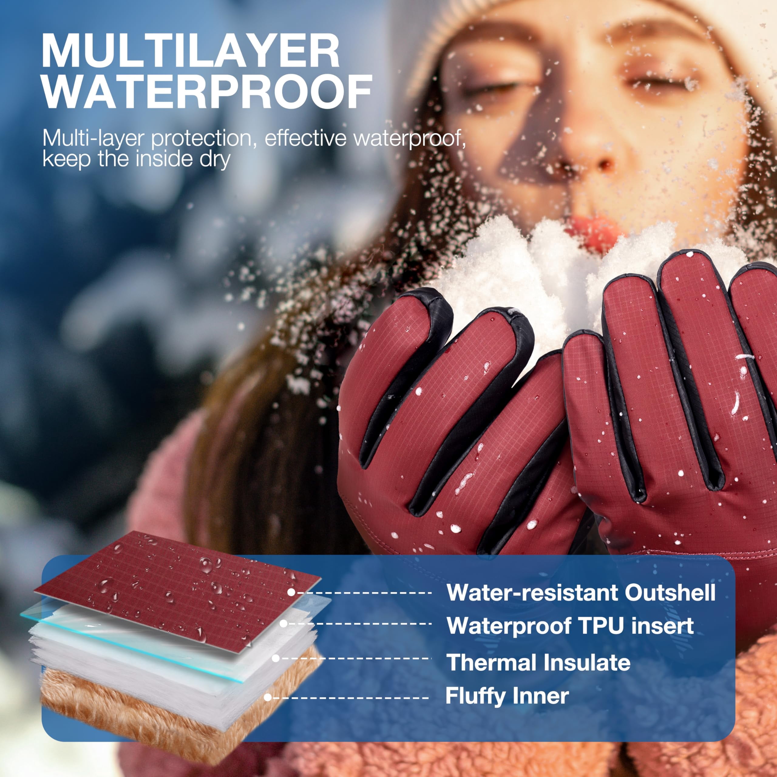 Winter Waterproof Warm Gloves Women Men With Touchscreen Fingers  Ski Snow Windproof For Cold Weather Thermal Running Hiking Driving Cycling Outdoor Sports Daily Work