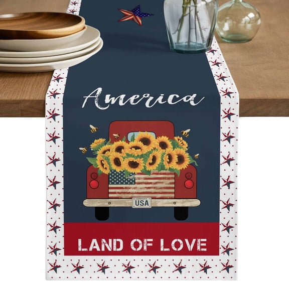 Table Runner 48 Inches Long for Kitchen Dining, Independence Day Dresser Scarf Farmhouse, Dining Table Decorations for Wedding/Parties, Red Truck USA Flag Star Sunflowers 13 x 48 In