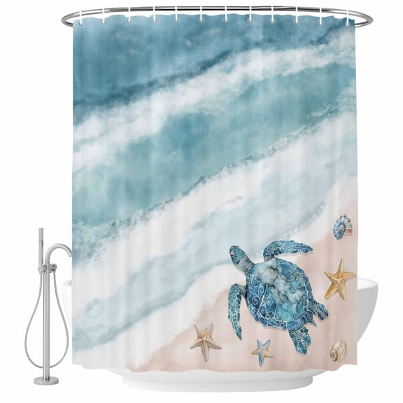 Extra Long Shower Curtain 72x84 Inch, Teal Blue Beach Shower Curtain Waterproof Bathroom Decor, Coastal Waves Ocean Starfish Conch Fabric Bath Curtain Set Accessories with Hooks