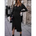 thumbnail image 5 of TEMOFON Women Casual Dresses Sexy V Neck Long Sleeve Twist Front Waist Ribbed Knit Bodycon Slit Dress Cocktail Midi Dresses Black, 5 of 7