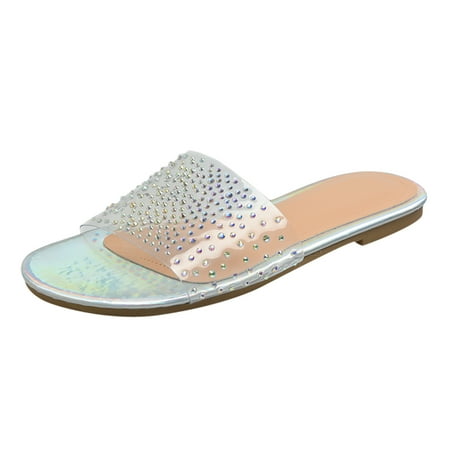 

Youmylove Women Slide Slippers Ladies Fashion Transparent Crystal Flat Slip On Beach Slippers Shoes Leisure Comfort Cozy Daily Walking