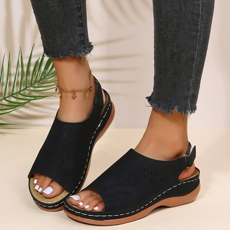 

FZM Women shoes Women s Casual Solid Color Cutout Round Toe Hook&Loop Vintage Wedge Sandals