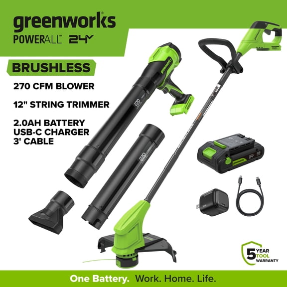 Greenworks PowerAll 24V 12" String Trimmer and 270CFM Handheld Blower Combo Kit, with (1) 3.0 Ah USB-C Batteries, 30W Charger CKS122A3