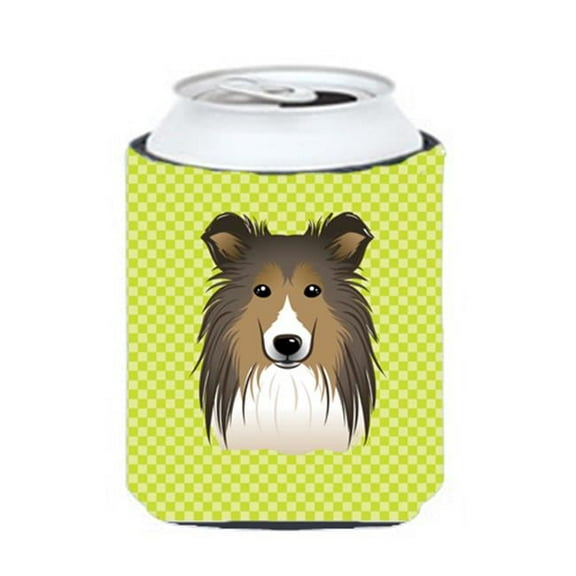 Checkerboard Lime Green Sheltie Can Or Bottle Hugger, 12 Oz.