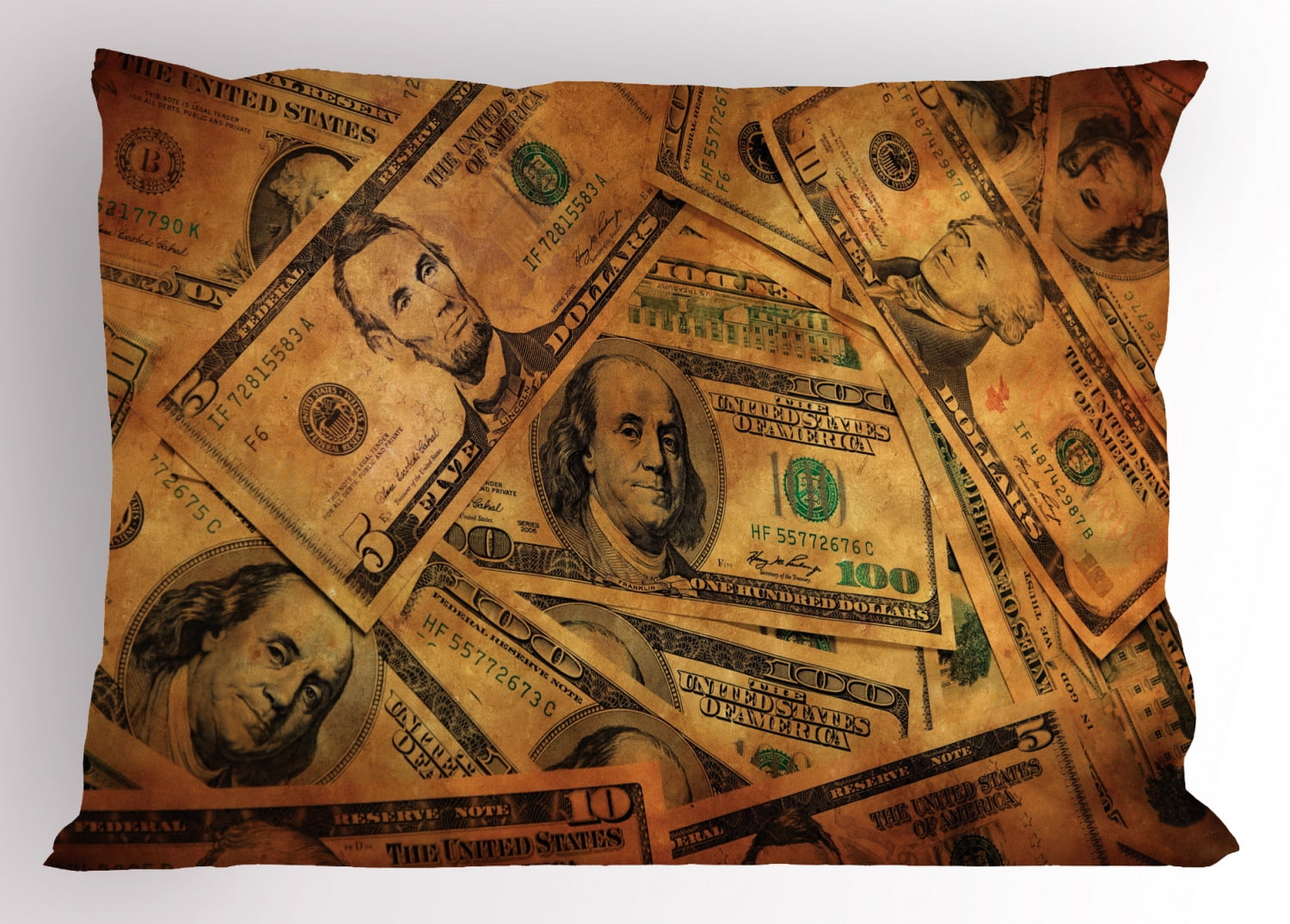 Money Pillow Sham Grunge Style Background with Fiver Sawbuck and