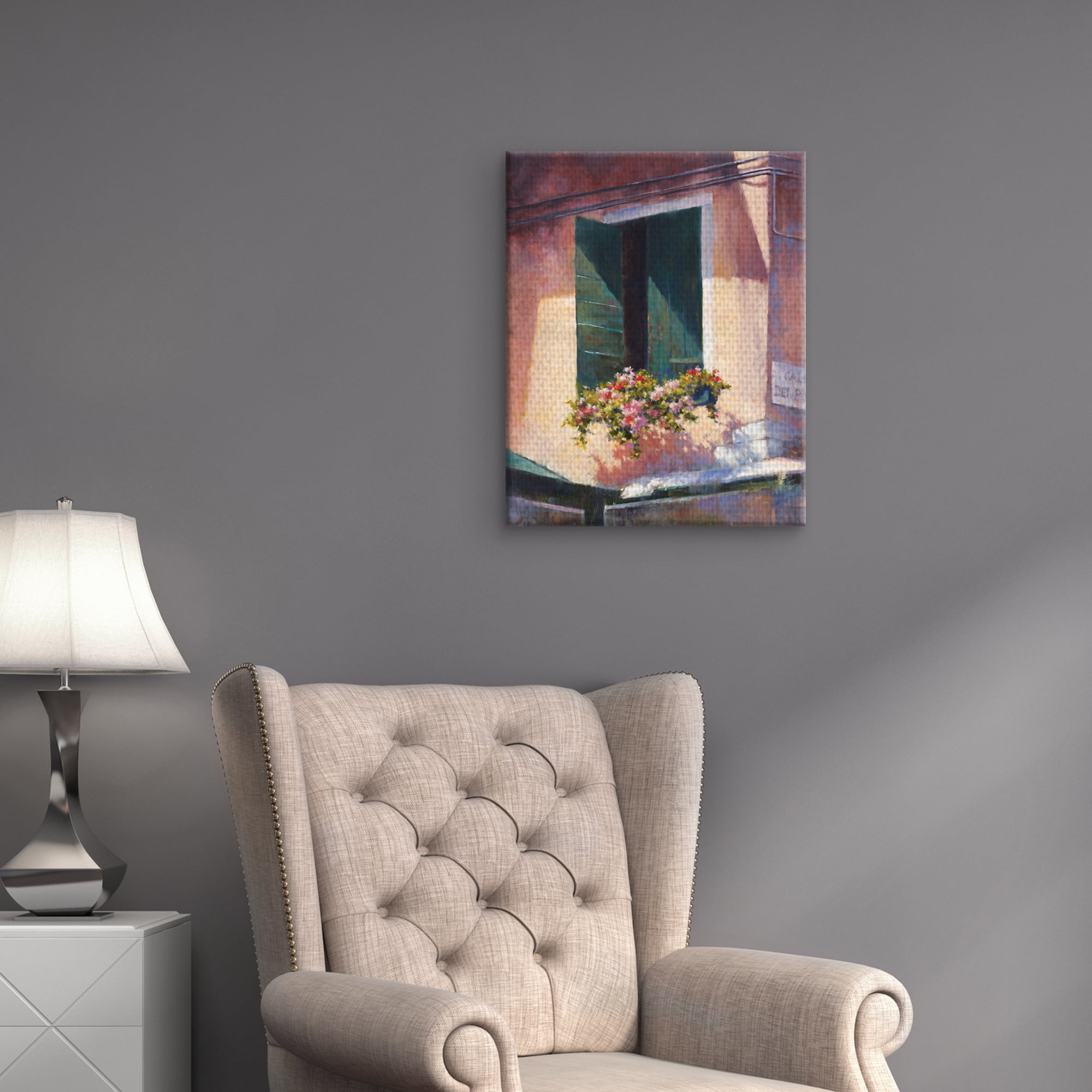 Masterpiece Green Shutters Apartment Flowers by David Marty Canvas Art Print 16" x 20"