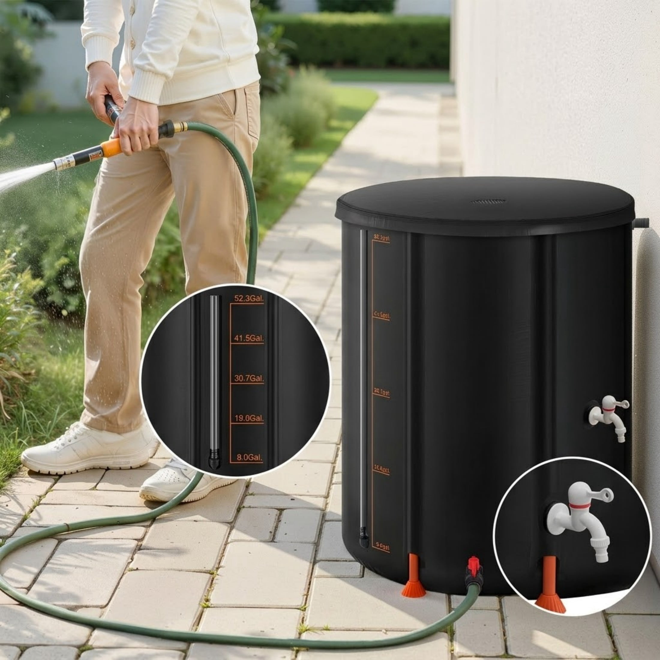53 Gallon Collapsible Rain Barrel, 1000D PVC Portable Rain Water Collection System with Spigot & Overflow Kit, Black