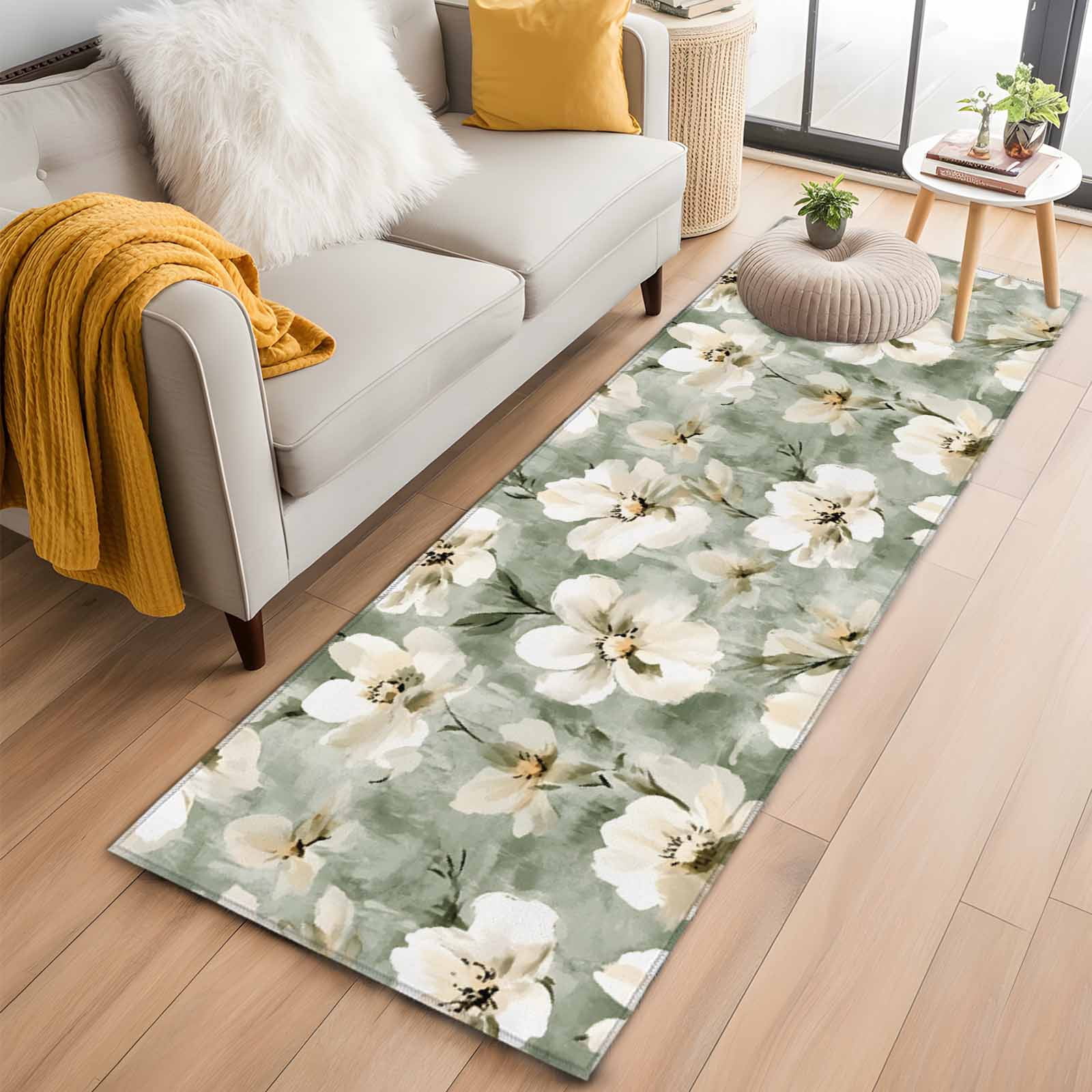 Vintage Magnolia Runner Rugs 2x6 ft White Blooming Flower Oil Painting Style Washable Hallway Rugs Non-Slip Floor Mats Absorbent Carpet Bedside Runners for Bedroom Kitchen Bathroom Laundry Room