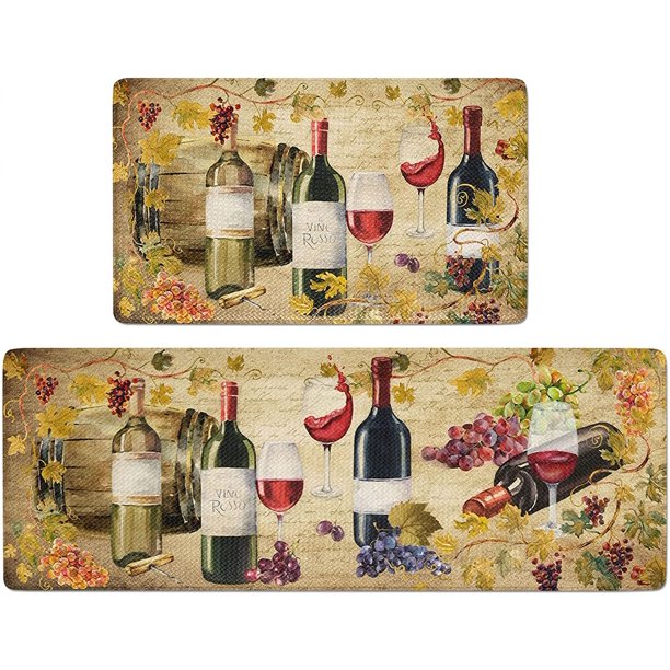 Wine Kitchen Rugs 2 Piece Retro Kitchen Mat Set Cushioned Anti Fatigue