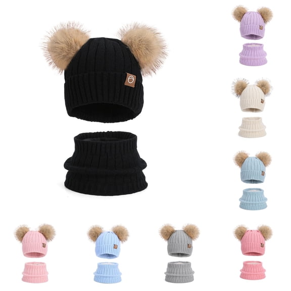 HNMKIU Kids Winter Knitted Hat Scarf Set Thermal Lined Neck Warmer for Boys Girls Cold Weather Outdoor Leisure Black - One Size