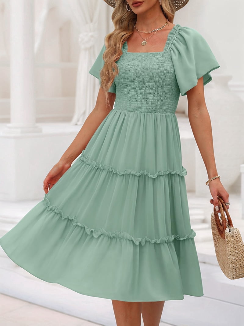 Women'S Summer Casual Flutter Sleeve Square Neck Smocked Midi Dress Green M