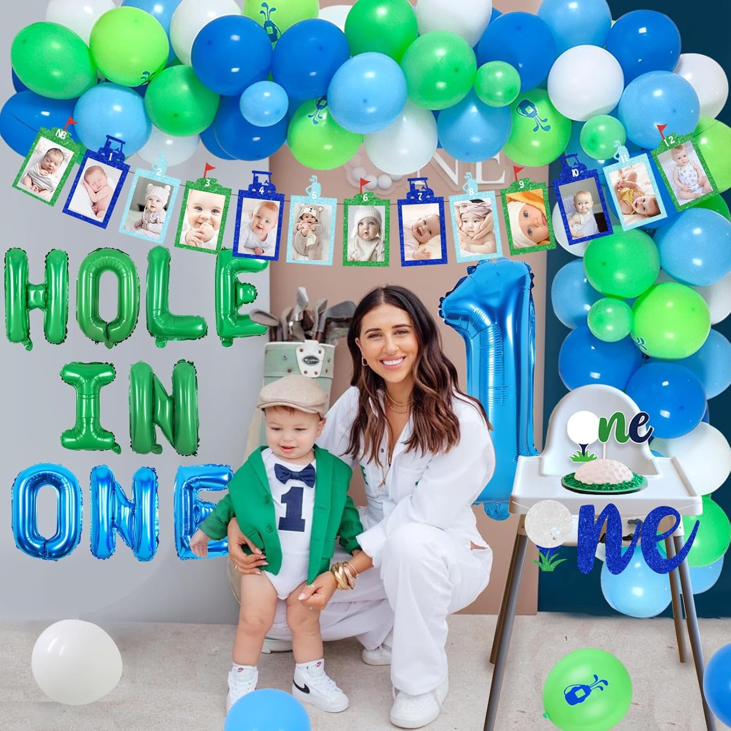 Golf 1st Birthday Decorations, Hole In One Balloon Garland Arch Kit, Golf Photo Banner, One High Chair Banner for Boys First Birthday, Sports Theme Party Supplies