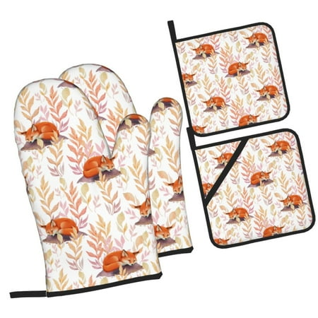 

Sikiie Cute Sleepy Fox Oven Mitts and Pot Holders Silicone Oven Gloves Heat Resistant Oven Mitts 4Pcs Set