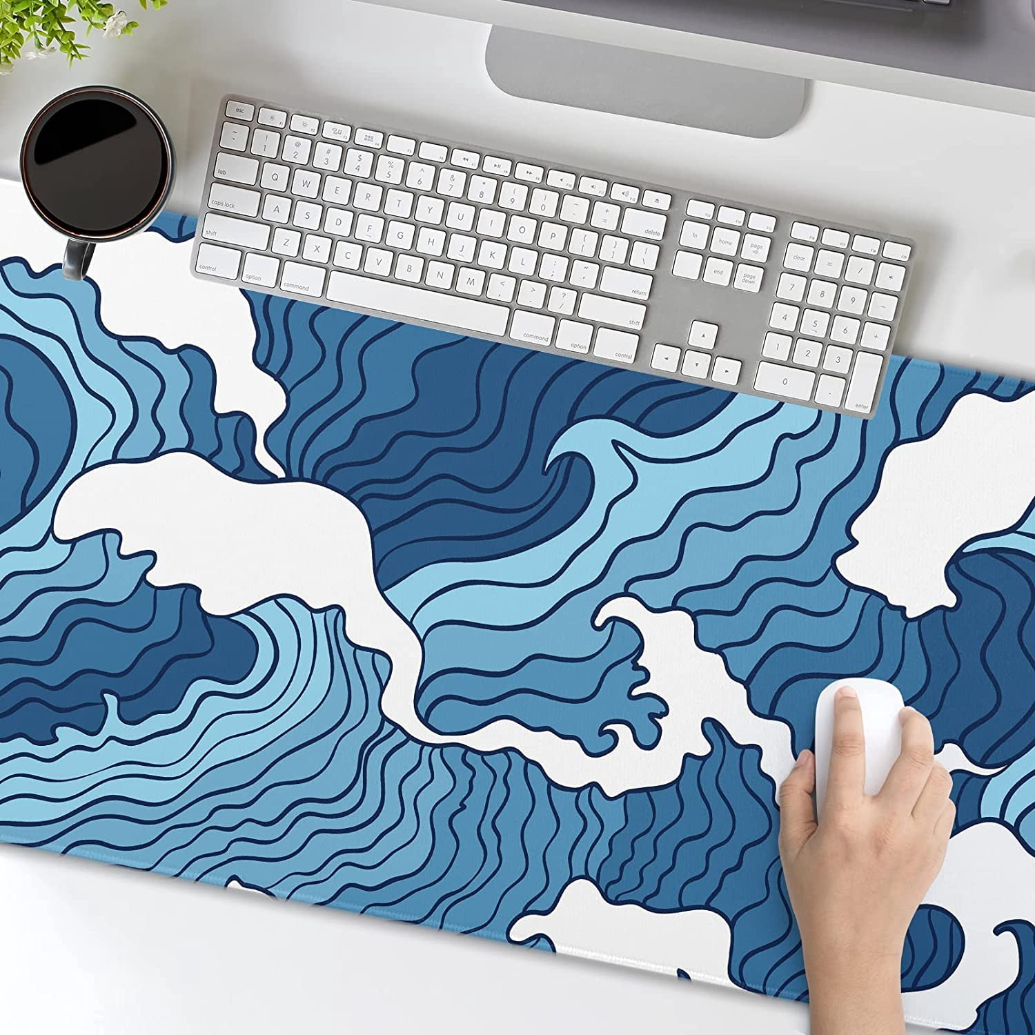 Japanese Blue and White Wave Gaming Mouse Pad XXL Anime Sea Texture Extended Large Desk Mat Big Mousepad Non-Slip Rubber Base Stitched Edge Long Mousepad for Desktop PC Computer Gamer, 35.4 x 15.7 in