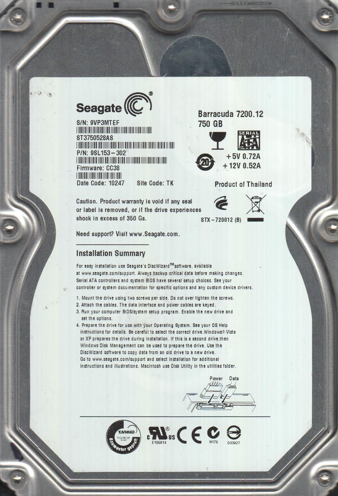 Seagate 250GB SATA 3.5 Hard Drive FW CC45 TK ST3250318AS 9VM PN 9SL131-034