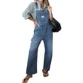thumbnail image 3 of Women's Casual Loose Denim Work Pants Bib Adjustable Shoulder Strap Wide Leg Capri Denim Jumpsuit, 3 of 5