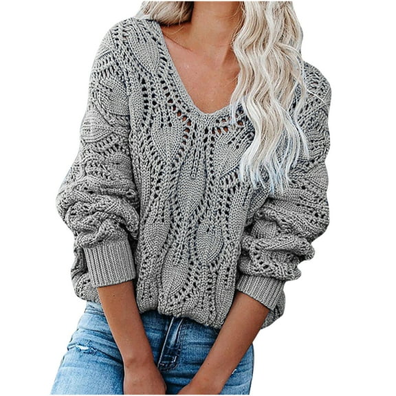 Sweater Women's Sexy Casual Hollow Out Solid Color Line V-Neck Long Sleeve Sweater Tops Blouse