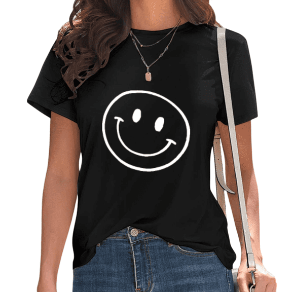Womens Smiley Face Print Tshirt Graphic Tees Shirts Black Casual Happy Vibes Daily Wear Back To School Holiday Outfit Tops S-5XL