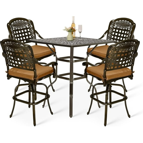 VIVIJASON 5-Piece Bar Height Patio Dining Set, Rust-Free Cast Aluminum Outdoor Table and Chairs Set with 4 Swivel Bar Stools, Cushions & 35.4" High Bar Table w/Umbrella Hole for Deck, Lawn, Garden