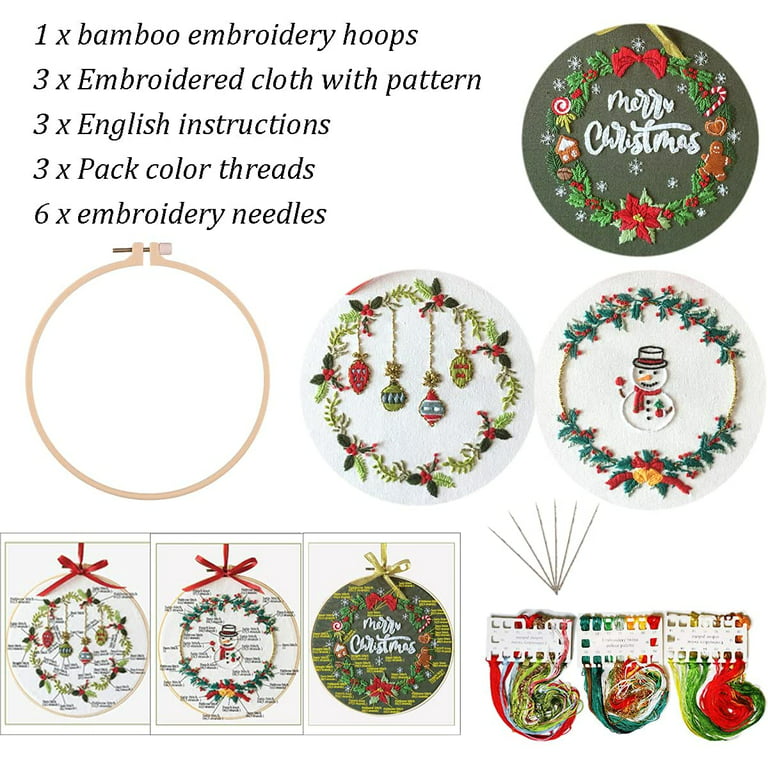 GLTAYLMY 3 Sets Christmas Embroidery Kit for Beginners DIY Adult Beginner  Embroidery Kits with Christmas Pattern 1 Embroidery Hoops Needles Threads