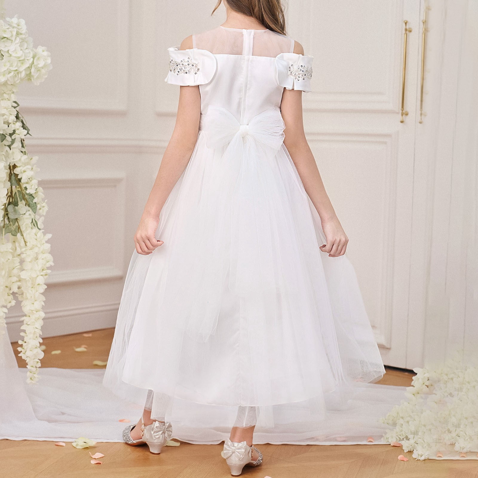 Wdgfv Elegant Off Shoulder Girls Dresses Tutu Skirt For Wedding Party Pageant Casual Wear Floral Appliques Gown