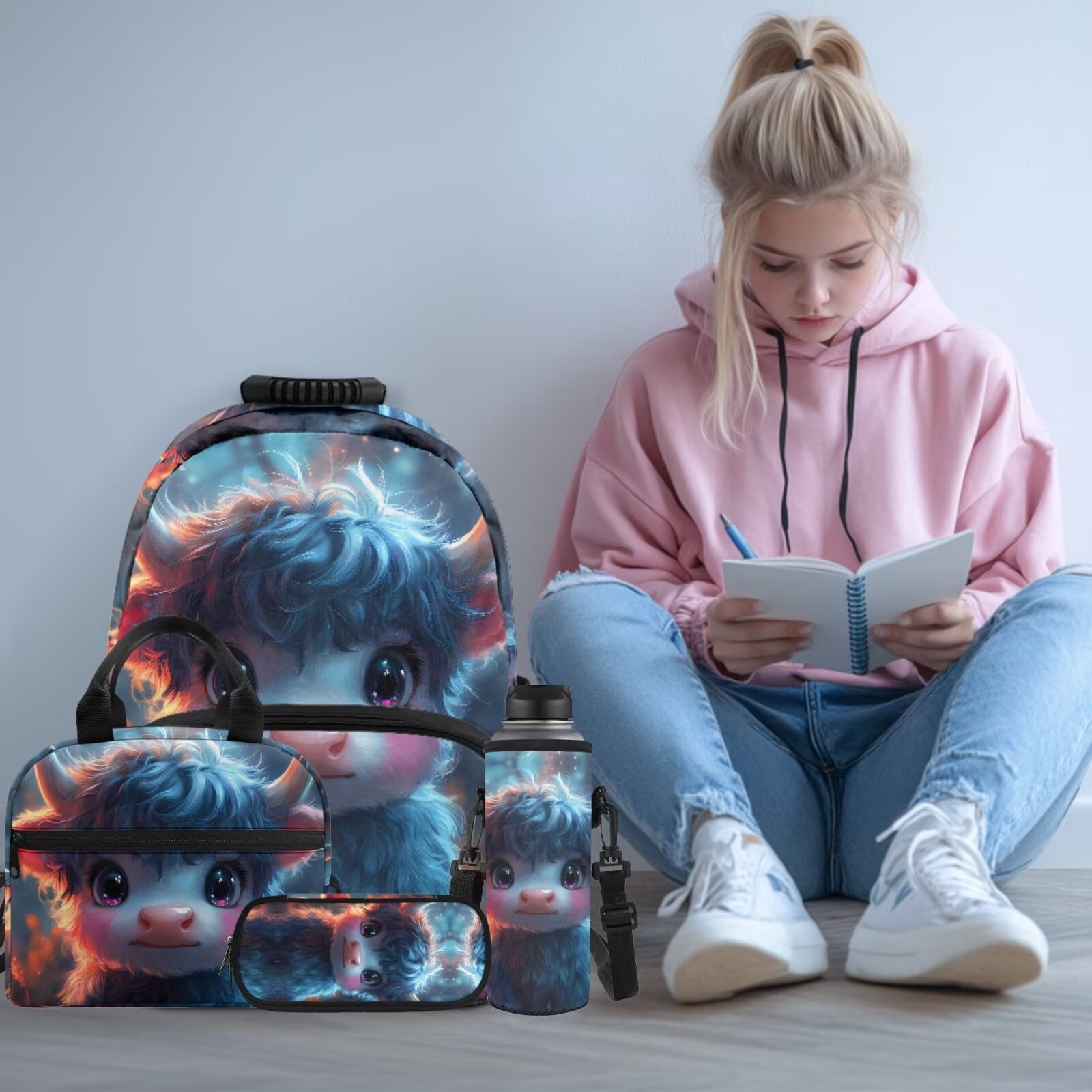 Pzuqiu Bubble Axolotl Boys Backpack School Backpack Set with Lunch Bag 17 Inch Boys Backpacks for Middle School Lightweight Bookbag for Kids with Water Bottle Holder