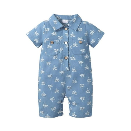 

KIMI BEAR Newborn Baby Boys Outfits 0 Months Newborn Boy Spring Summer Outfits 3 Months Newborn Boy Cool Coconut Tree Prints Short Sleeve Lapel Jumpsuit Blue