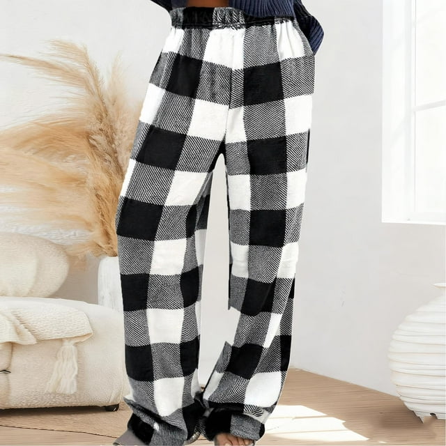 Ceisia men's Plaid Print Flannel Wide Leg Pants, Elastic Waist Casual Winter Trousers with Plush Texture for Ladies Black S Gifts