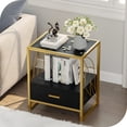 thumbnail image 4 of Dextrus End Table with Drawer and Storage Shelf, Modern Nightstand Table Sofa Side Table with Sintered Stone Tabletop and Metal Leaf Shaped Frame for Living Room, Bedroom, Black and Gold, 4 of 7