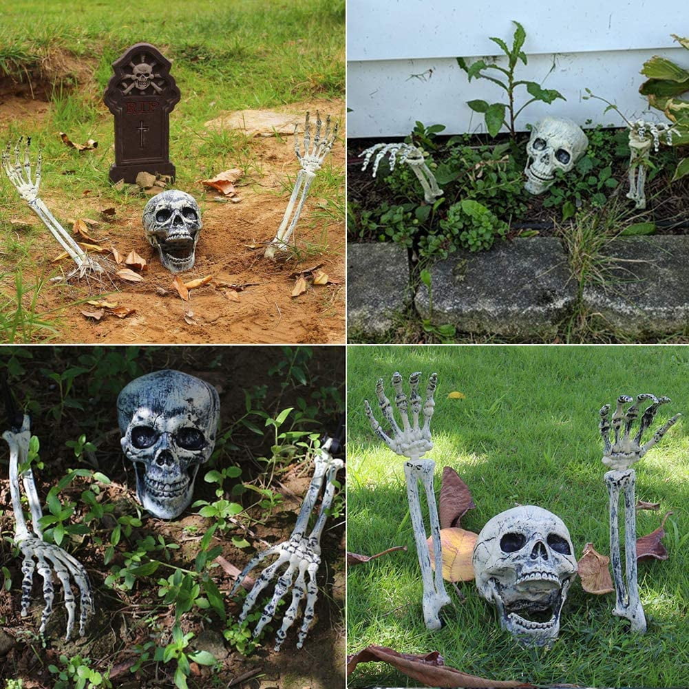 3Pcs Groundbreakers Skull Head Skull Arms with Stakes Black Crack Skeleton Decor for Outdoor Yard Lawn Garden Graveyard Party Supplies Kyerivs Halloween Realistic Skeleton Stakes Decorations 