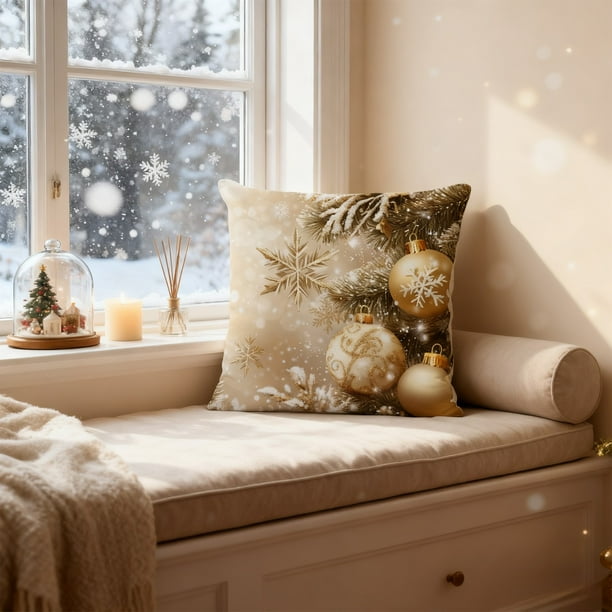 Decoraciones navideñas, funda de almohada navideña de aproximadamente 45x45 cm - Funda de almohada con estampado plano de motivos navideños que imitan patrones tridimensionales. Funda de almohada de p