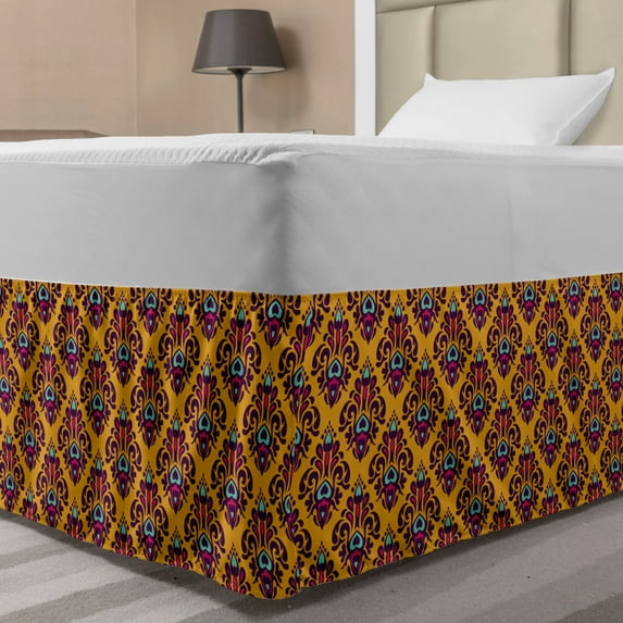 Damask Bed Skirt, Medieval Style Renaissance Pattern with Rococo Motif, Elastic Bedskirt Dust Ruffle Wrap Around for Bedding Decor, 4 Sizes, Marigold Multicolor, by Ambesonne