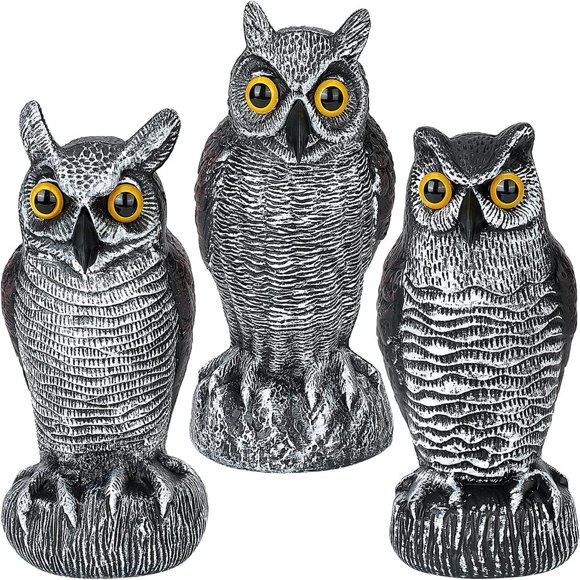 3 Pack Fake Owl Decoys to Scare Birds Away from Gardens and Patios Rotating Head Owl Bird Deterrents Nature Enemy Scarecrow Plastic Owl Statues Pest Repellent Pigeon Deterrent