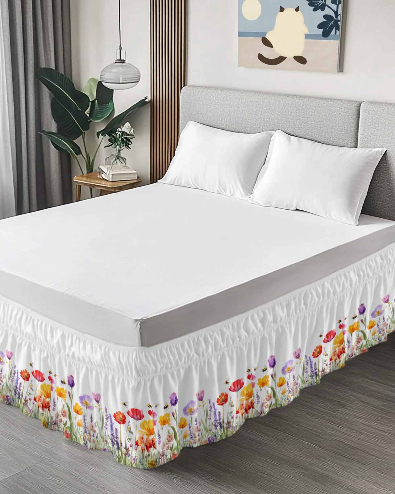 Colorful Flowers Ruffle Bed Skirt Queen Size Spring Floral Adjustable Elastic Dust Bed Skirts Wrap Around Bedskirt Wrinkle Free Easy Fit with 16 Inch Drop