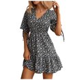 thumbnail image 1 of Robes d'Été pour Femmes Plage Aguichant Imprimé Manches Courtes Col en V Boho Mini Robes Décontractées d'Été pour Femmes, 1 of 7