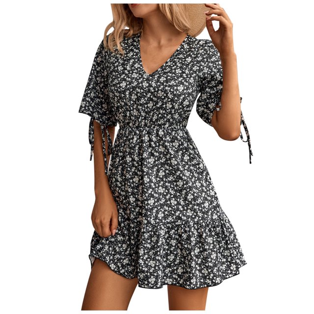 Robes d'Été pour Femmes Plage Aguichant Imprimé Manches Courtes Col en V Boho Mini Robes Décontractées d'Été pour Femmes