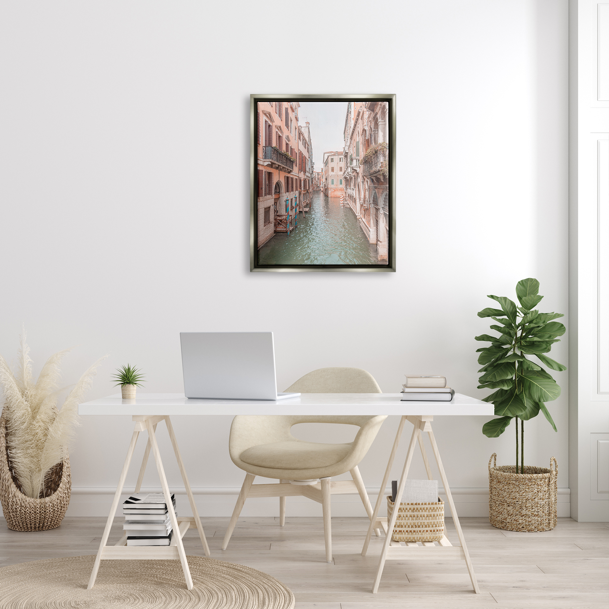 Stupell Industries Urban Canal Town Buildings Town & City Photography Gray Floater Framed Art Print Wall Art