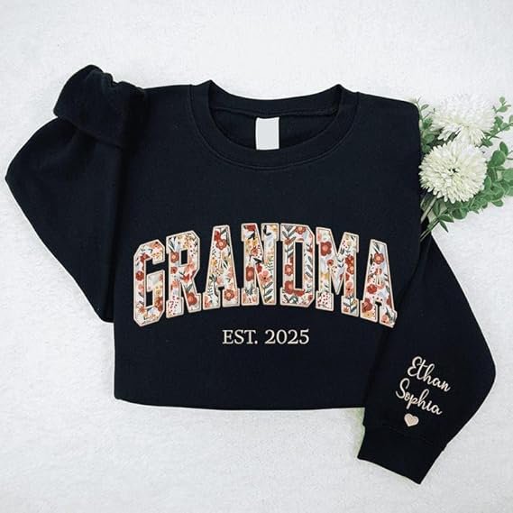 Custom Floral Applique Embroidered Grandma Sweatshirt, Grandma Sweatshirt with Kids Name on Sleeve, New Mom Gifts, Gifts for Grandma, New Grandma Sweatshirt