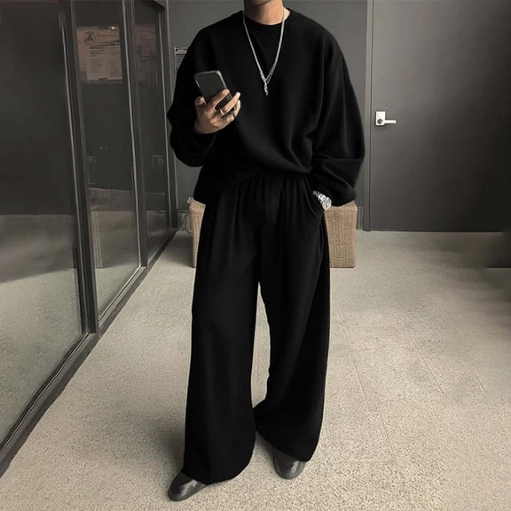 Gamivast Men's Oversized 2 Piece Set Solid Crewneck Sweatshirt and Wide Leg Pants Soft Lounge Outfit for Casual Daily Streetwear Hip Hop Dance Suits