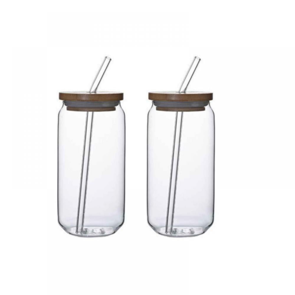 Sumind 8 Pcs 16 oz Ice Coffee Cup with Glass Straw and Bamboo Lid, Boho  Design Beer Can Shaped Glass Cup Cute Mason Jar Drinking Glasses for