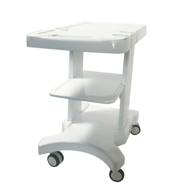 INTBUYING Mobile Trolley Cart designed for portable ultrasound imaging scanner systems, featuring a white finish with three tiers, including an upper plate with three probe holders. The cart measures 22 inches in length, 11 inches in width, and 25 inches in height when assembled. It is equipped with four wheels, two of which have brakes for stability, making it easy to move and secure. Suitable for carrying B-ultrasonic machines, scanners, or monitors, this utility cart is made of durable, safe materials and is quick to assemble in approximately 10 minutes.