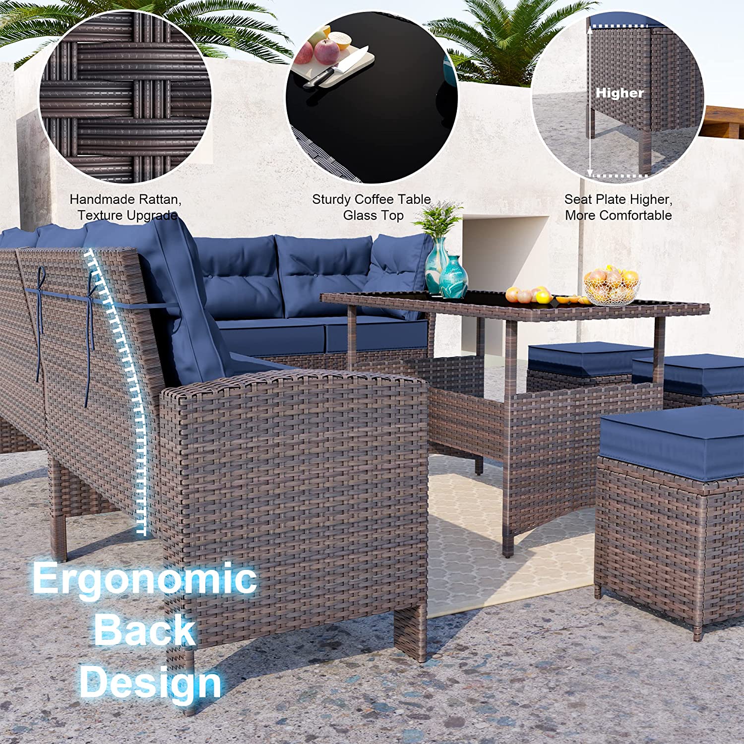 Kullavik 7 Pieces Outdoor Patio Furniture Set, All-Weather Patio Outdoor Dining Conversation Sectional Set with Coffee Table, Wicker Sofas, Ottomans, Removable Cushions,Navy Blue - image 3 of 7
