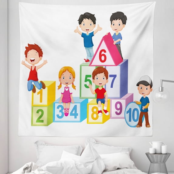 Science Tapestry, Happy Boys and Girls with Number Blocks Triangle Rectangle and Square, Fabric Wall Hanging Decor for Bedroom Living Room Dorm, 5 Sizes, Multicolor, by Ambesonne
