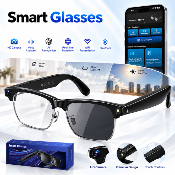 IOWODO AI Smart Glasses with Camera, 8MP HD Photo & 1200P Video Recording, Photochromic Glasses with AI Translation, Bluetooth Calls, WiFi, Black