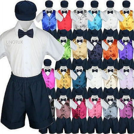 

Boys Toddler Formal Vest Shorts Suits Satin Vest Navy Bow Tie Hat 5pc Set S-4T