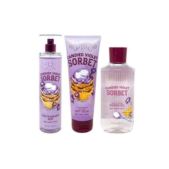 Bath and Body Works Candied Violet Sorbet Trio Gift Set - Includes Fine Fragrance Mist, Ultra Shea Body Cream, Shower Gel - Full Size