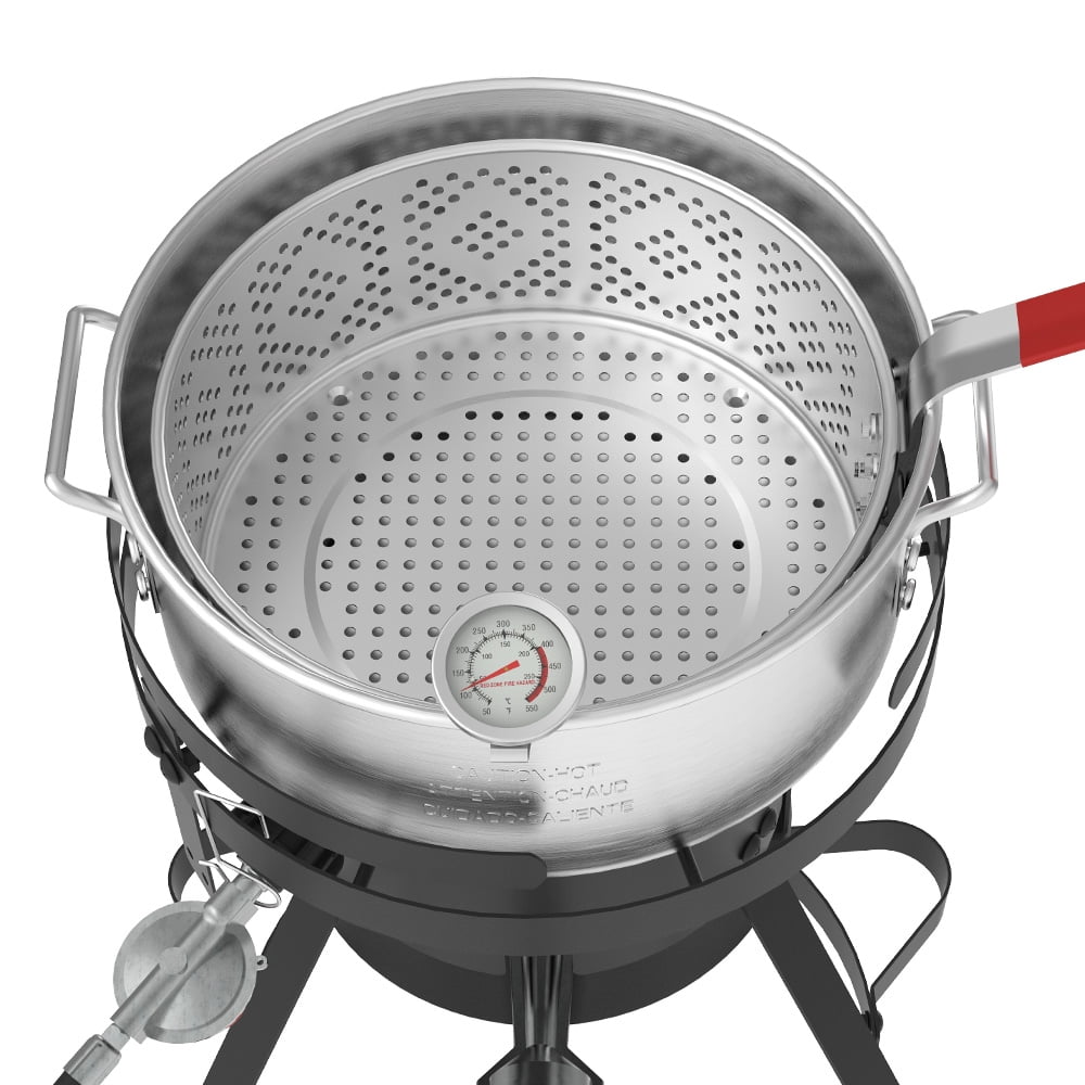 OuterMust Fish Fryer Pot and Basket, 58,000 BTU 11 qt. Aluminum Outdoor Deep Fry Pot with Basket and 5 Inches Thermometer for Frying Fish, French